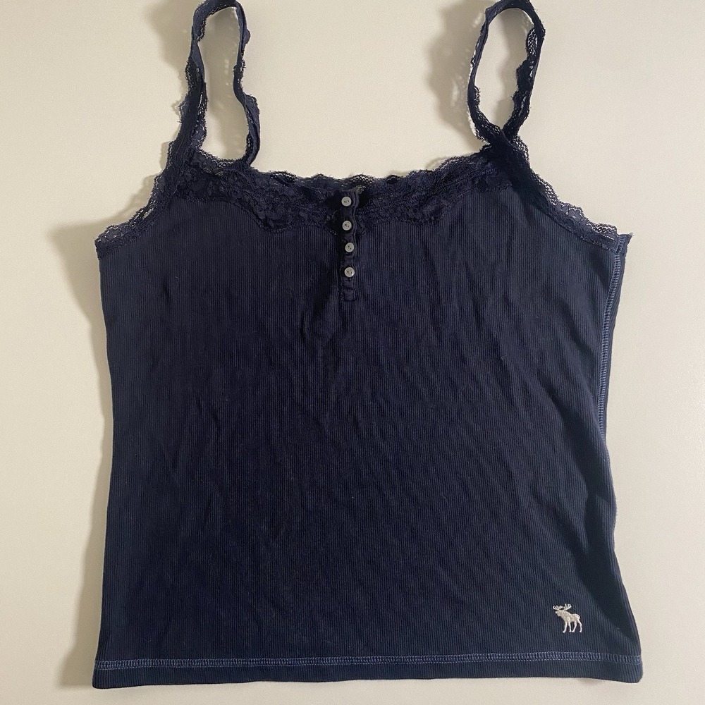Abercrombie & Fitch Navy Lace Tank Top Cami Sz XL Ribbed Moose Y2K Style